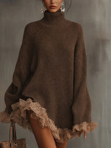 Women's knit winter roll neck sweater dress with ruffled lace trim