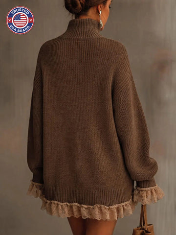 Women's knit winter roll neck sweater dress with ruffled lace trim