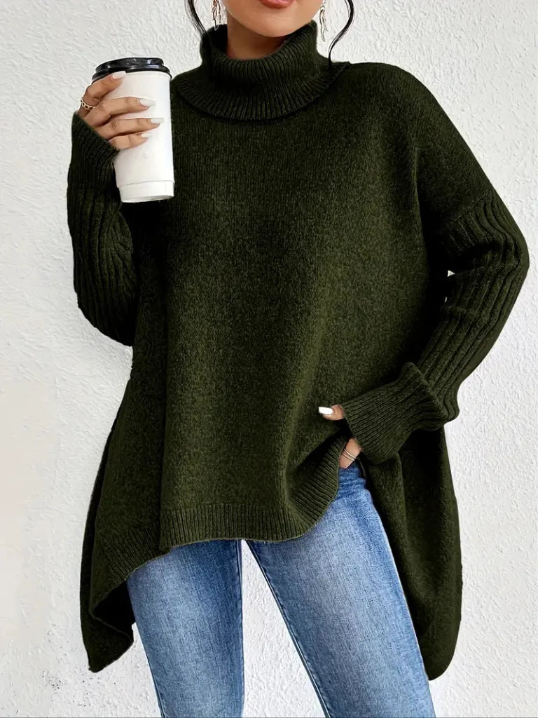 Women's knit winter roll neck sweater with asymmetrical hem