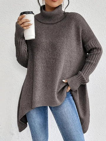Women's knit winter roll neck sweater with asymmetrical hem