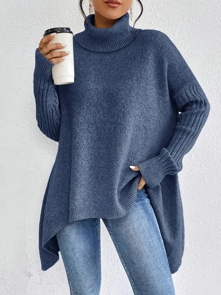 Women's knit winter roll neck sweater with asymmetrical hem