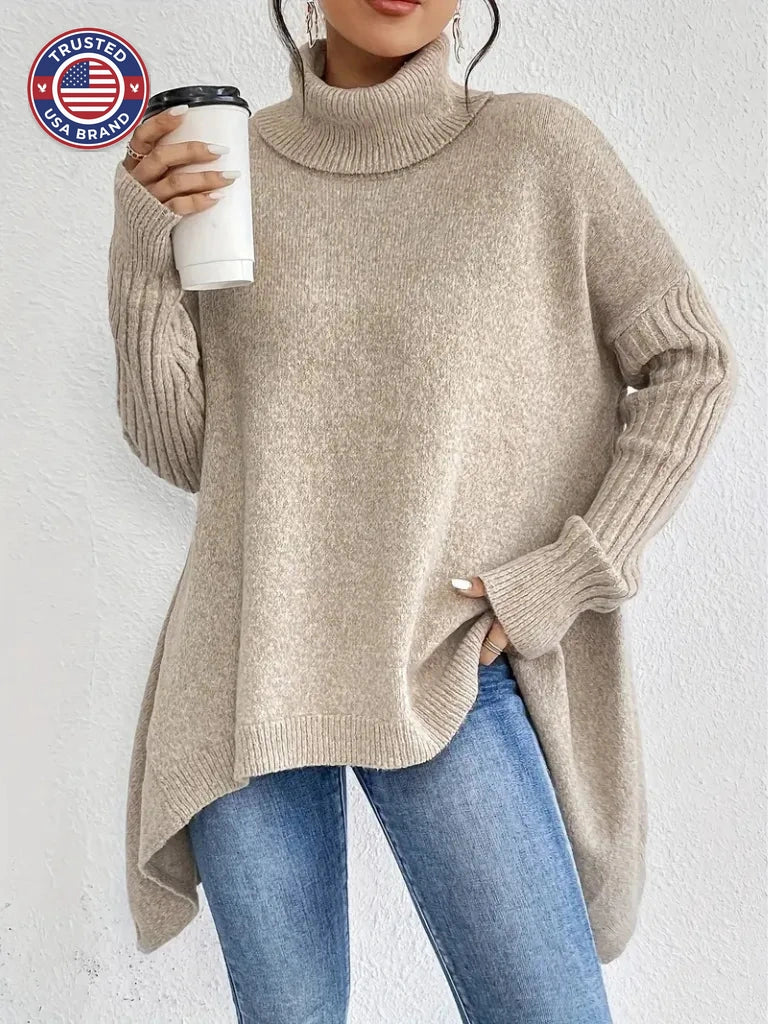 Women's knit winter roll neck sweater with asymmetrical hem