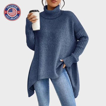 Women's knit winter roll neck sweater with asymmetrical hem