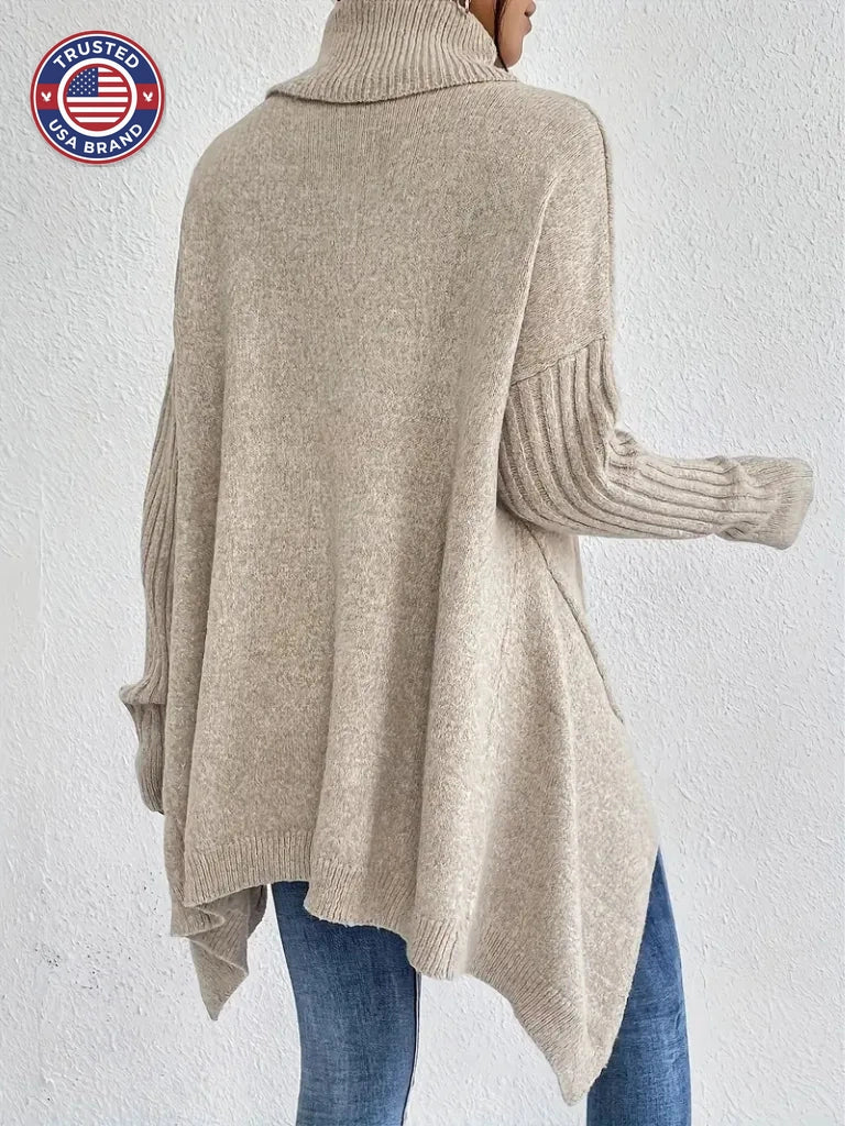 Women's knit winter roll neck sweater with asymmetrical hem