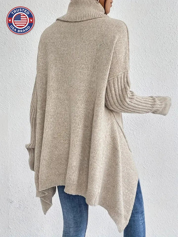 Women's knit winter roll neck sweater with asymmetrical hem