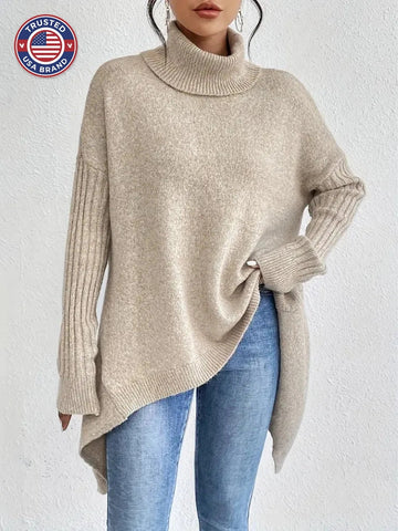 Women's knit winter roll neck sweater with asymmetrical hem