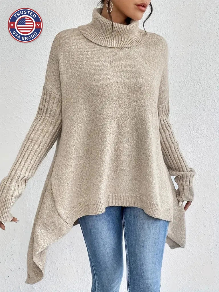 Women's knit winter roll neck sweater with asymmetrical hem