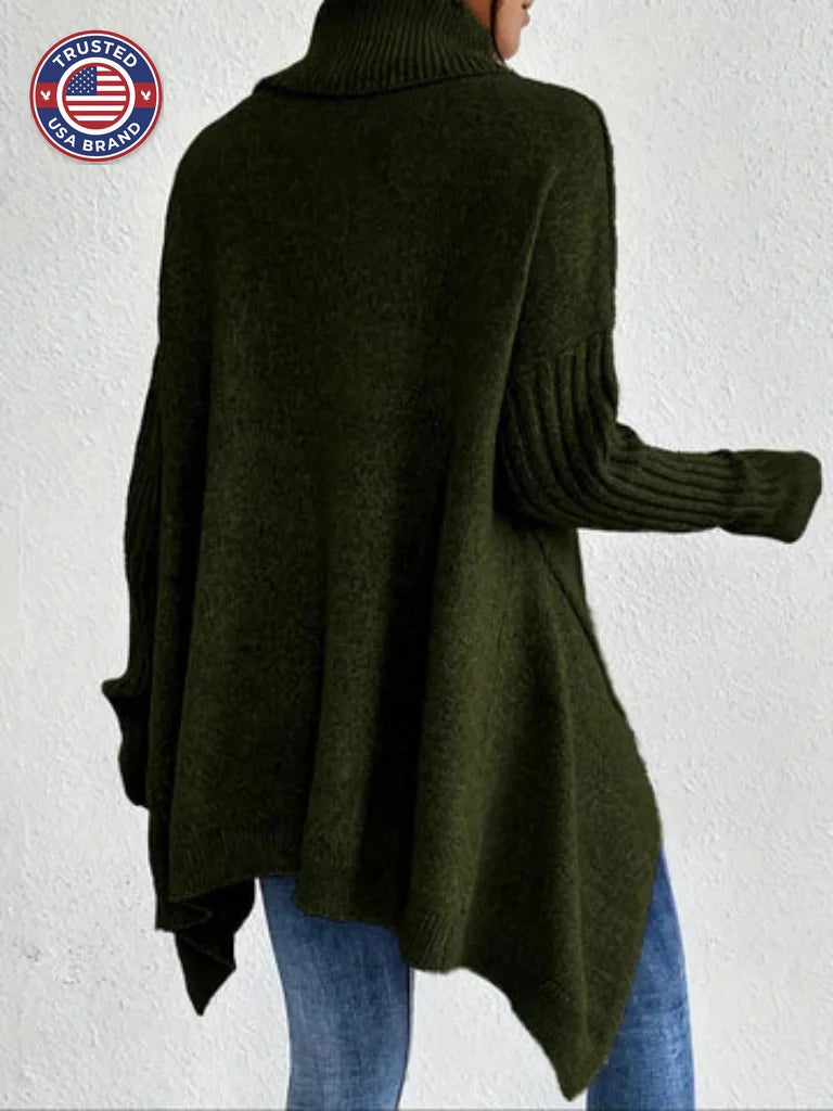 Women's knit winter roll neck sweater with asymmetrical hem