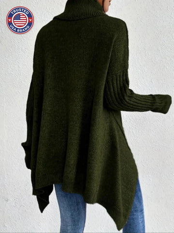 Women's knit winter roll neck sweater with asymmetrical hem