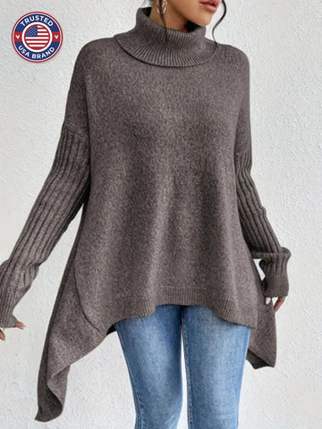 Women's knit winter roll neck sweater with asymmetrical hem