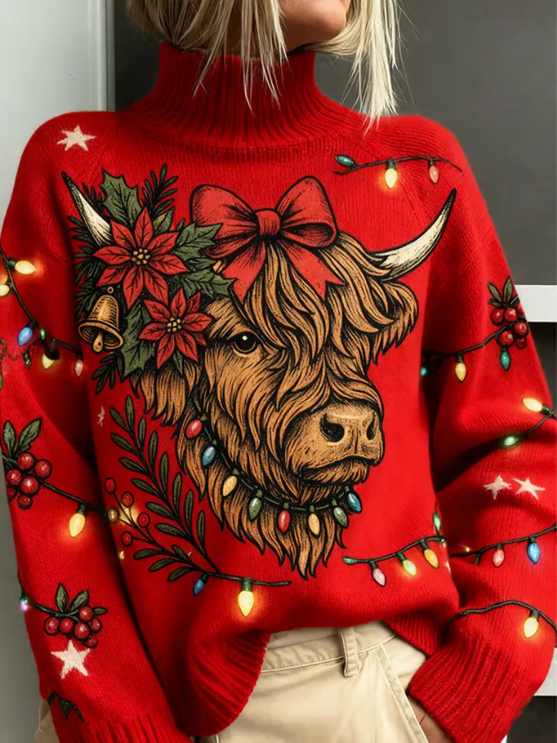 Women's knit winter roll neck sweater with christmas highland cow graphic