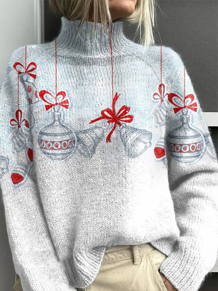Women's knit winter roll neck sweater with christmas ornament print