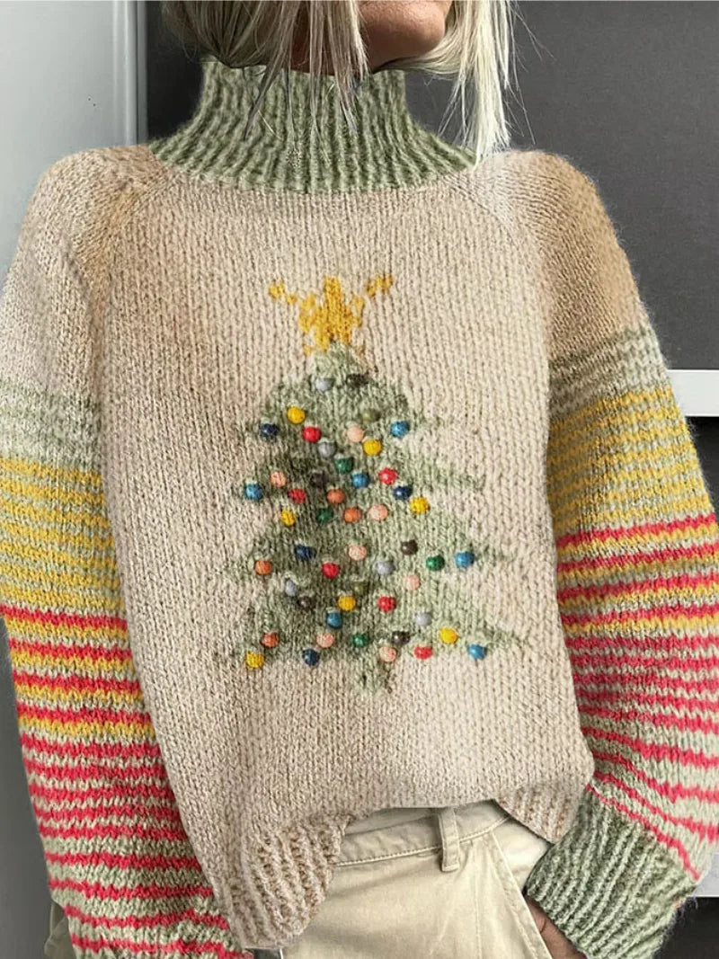 Women's knit winter roll neck sweater with christmas tree graphic