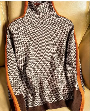Women's knit winter roll neck sweater with contrast stripes