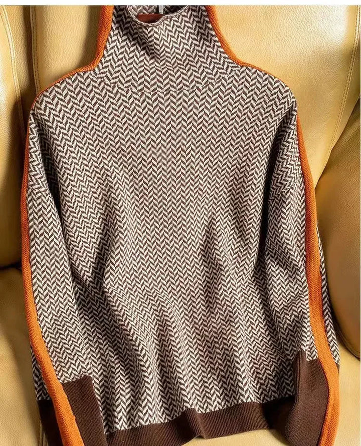 Women's knit winter roll neck sweater with contrast stripes