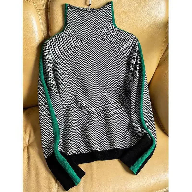 Women's knit winter roll neck sweater with contrast stripes