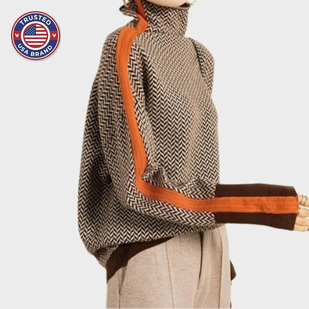 Women's knit winter roll neck sweater with contrast stripes