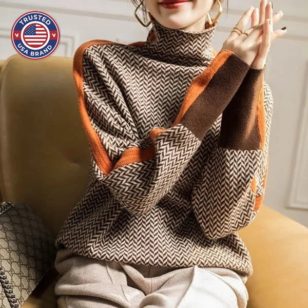 Women's knit winter roll neck sweater with contrast stripes