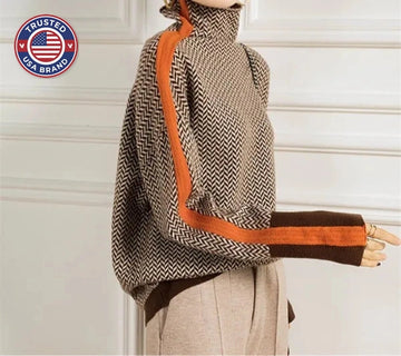 Women's knit winter roll neck sweater with contrast stripes