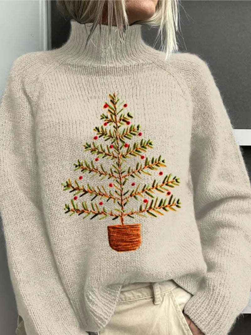 Women's knit winter roll neck sweater with embroidered christmas tree