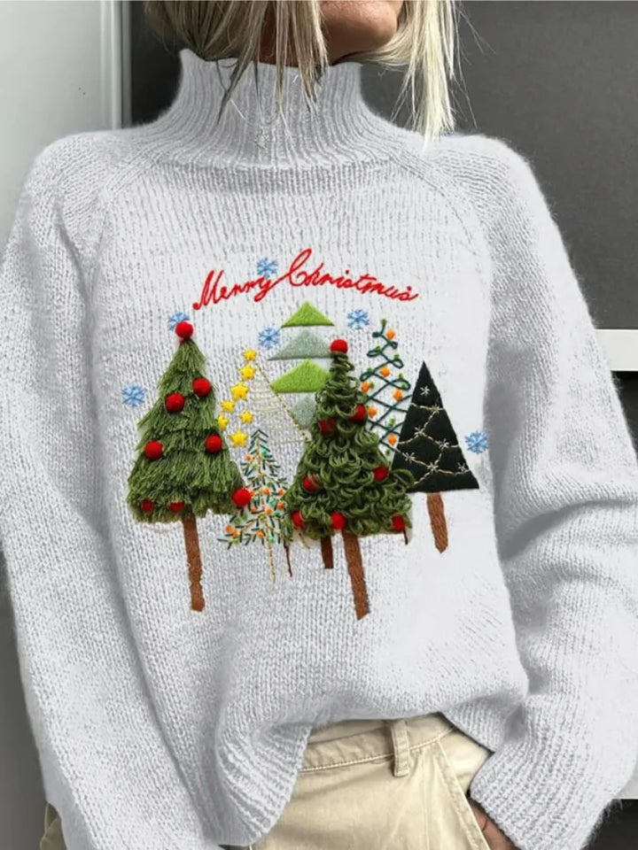 Women's knit winter roll neck sweater with embroidered christmas trees