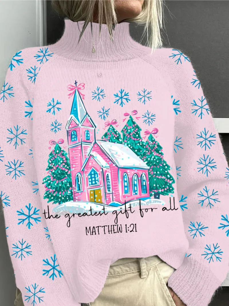 Women's knit winter roll neck sweater with graphic print snowflakes