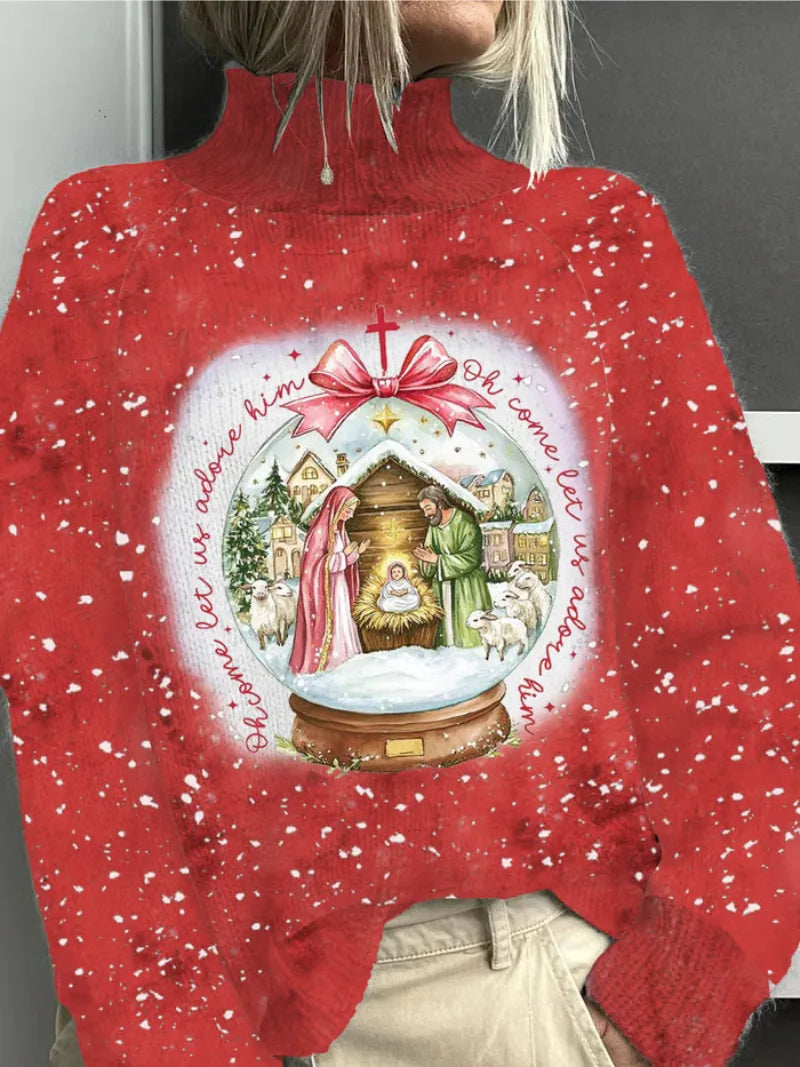 Women's knit winter roll neck sweater with nativity snow globe graphic