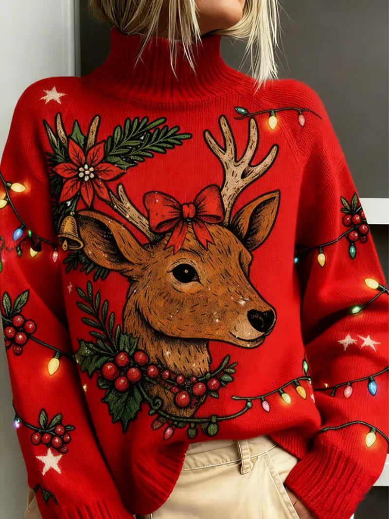 Women's knit winter roll neck sweater with reindeer christmas lights print