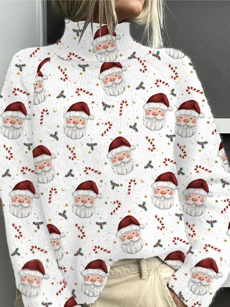 Women's knit winter roll neck sweater with santa faces pattern