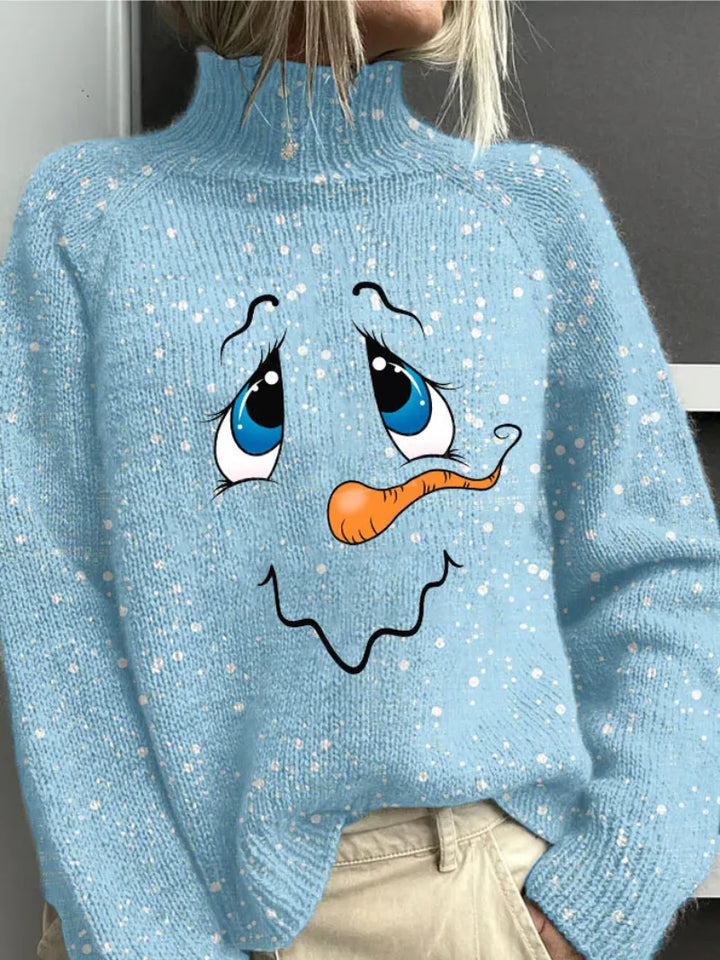 Women's knit winter roll neck sweater with snowman face graphic