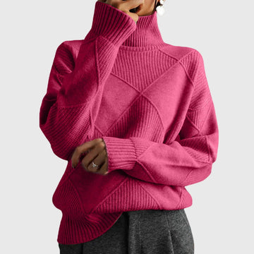 Women's knit winter roll neck sweater with textured diamond