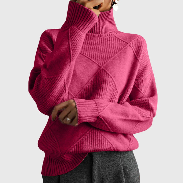 Women's knit winter roll neck sweater with textured diamond