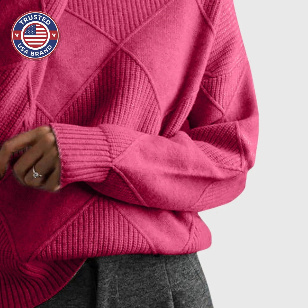 Women's knit winter roll neck sweater with textured diamond