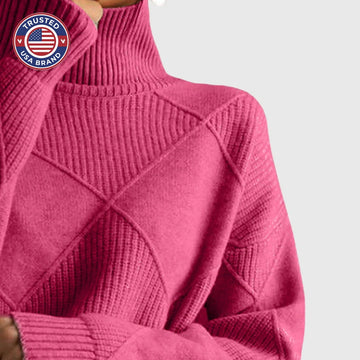 Women's knit winter roll neck sweater with textured diamond