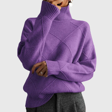 Women's knit winter roll neck sweater with textured diamond