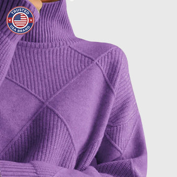 Women's knit winter roll neck sweater with textured diamond