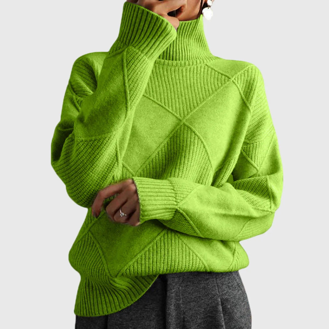 Women's knit winter roll neck sweater with textured diamond