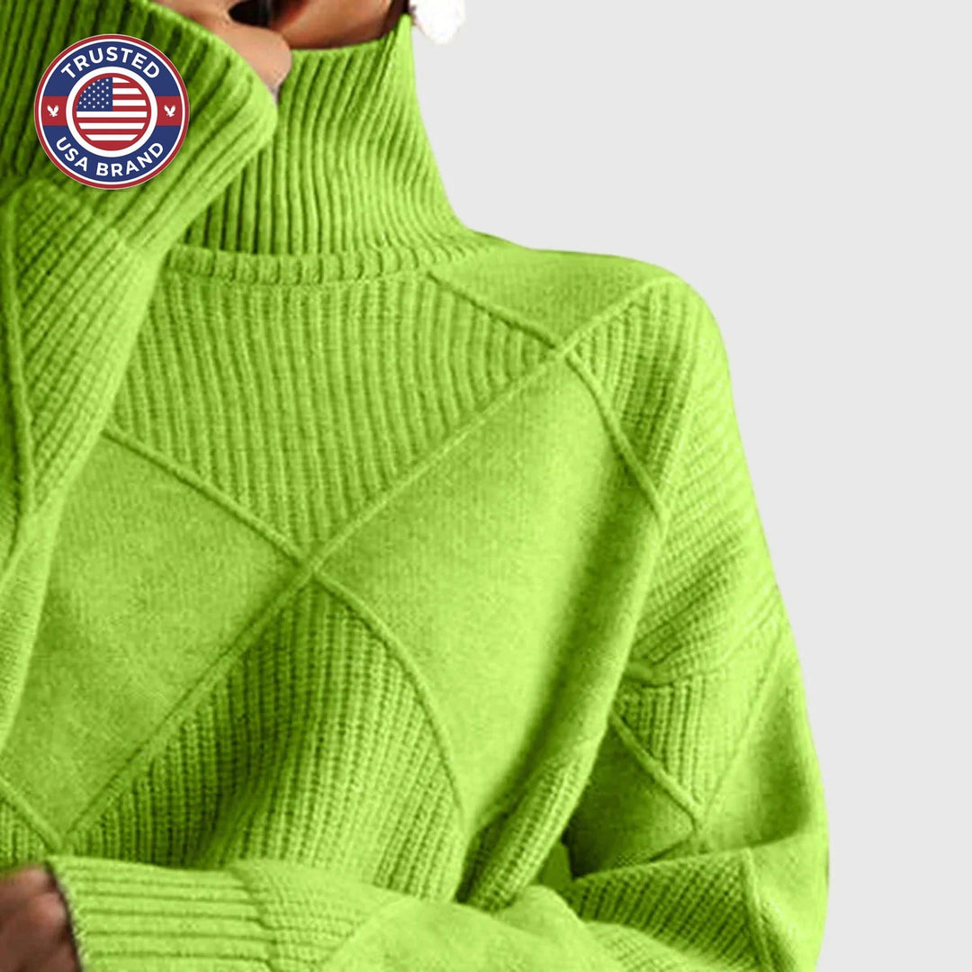 Women's knit winter roll neck sweater with textured diamond
