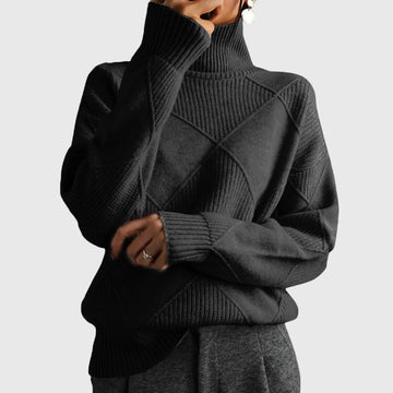 Women's knit winter roll neck sweater with textured diamond