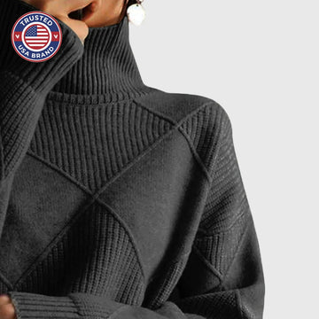 Women's knit winter roll neck sweater with textured diamond