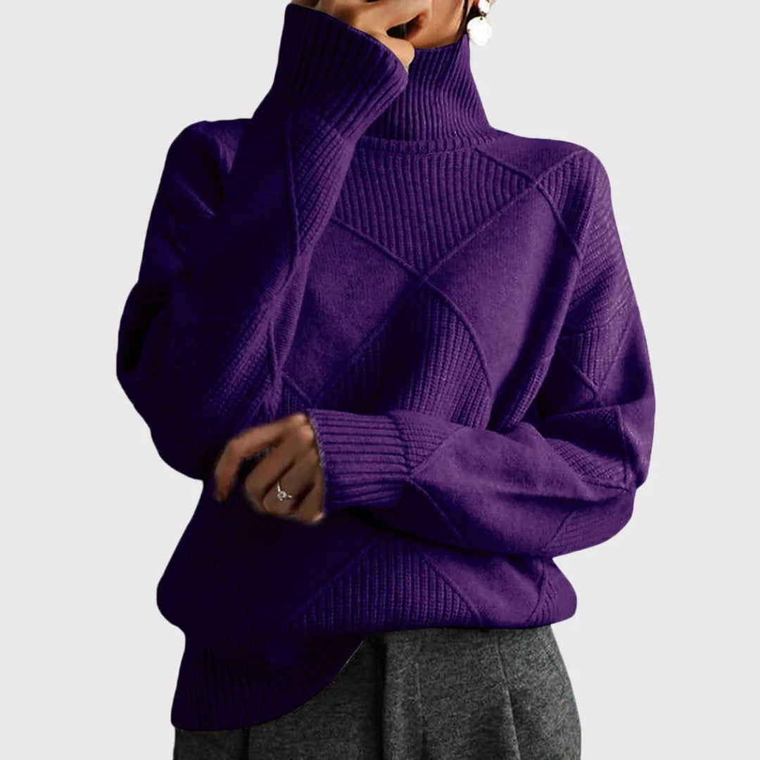 Women's knit winter roll neck sweater with textured diamond