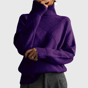 Women's knit winter roll neck sweater with textured diamond