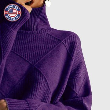 Women's knit winter roll neck sweater with textured diamond