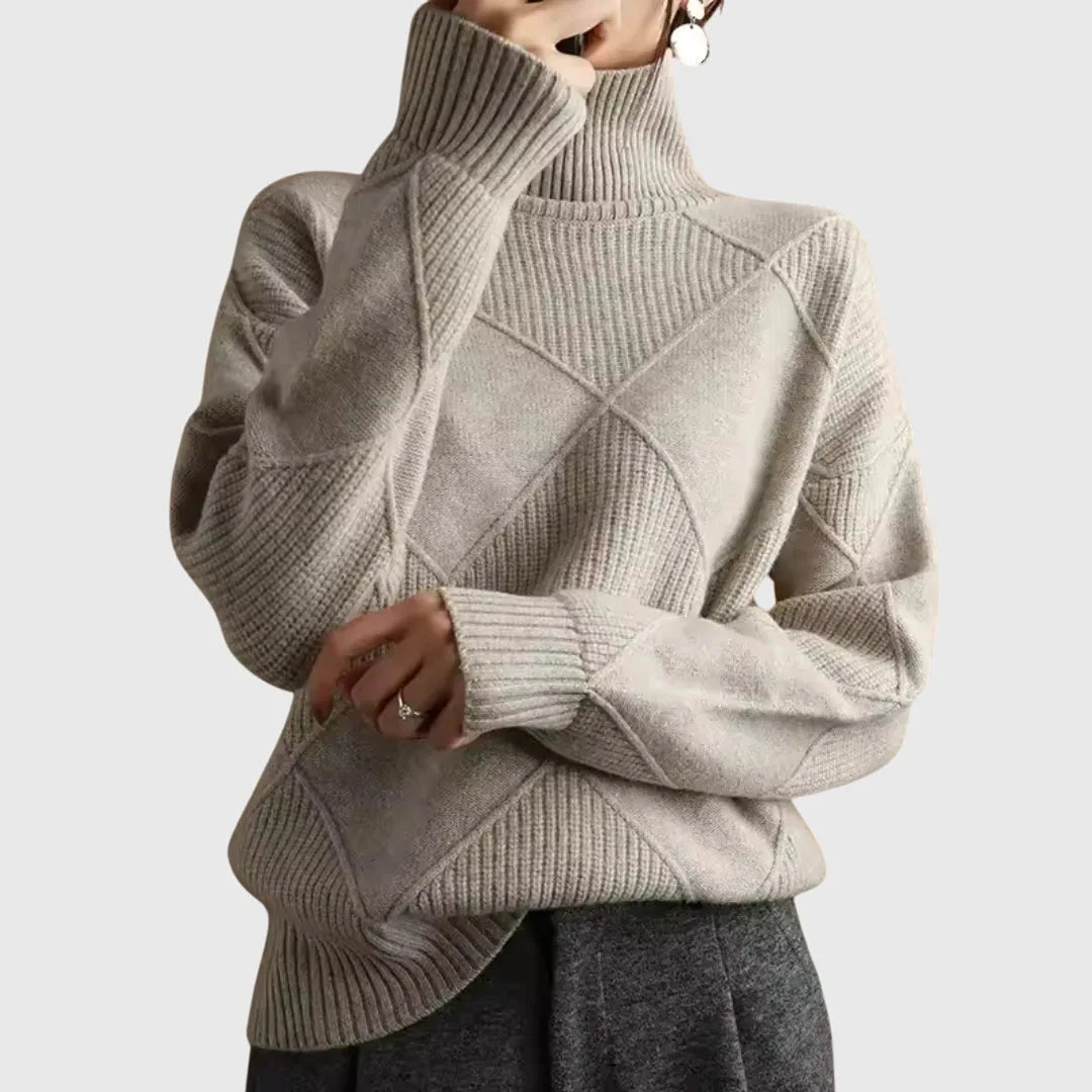 Women's knit winter roll neck sweater with textured diamond