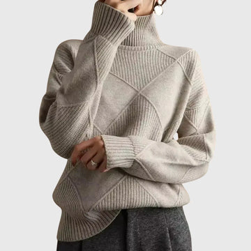 Women's knit winter roll neck sweater with textured diamond