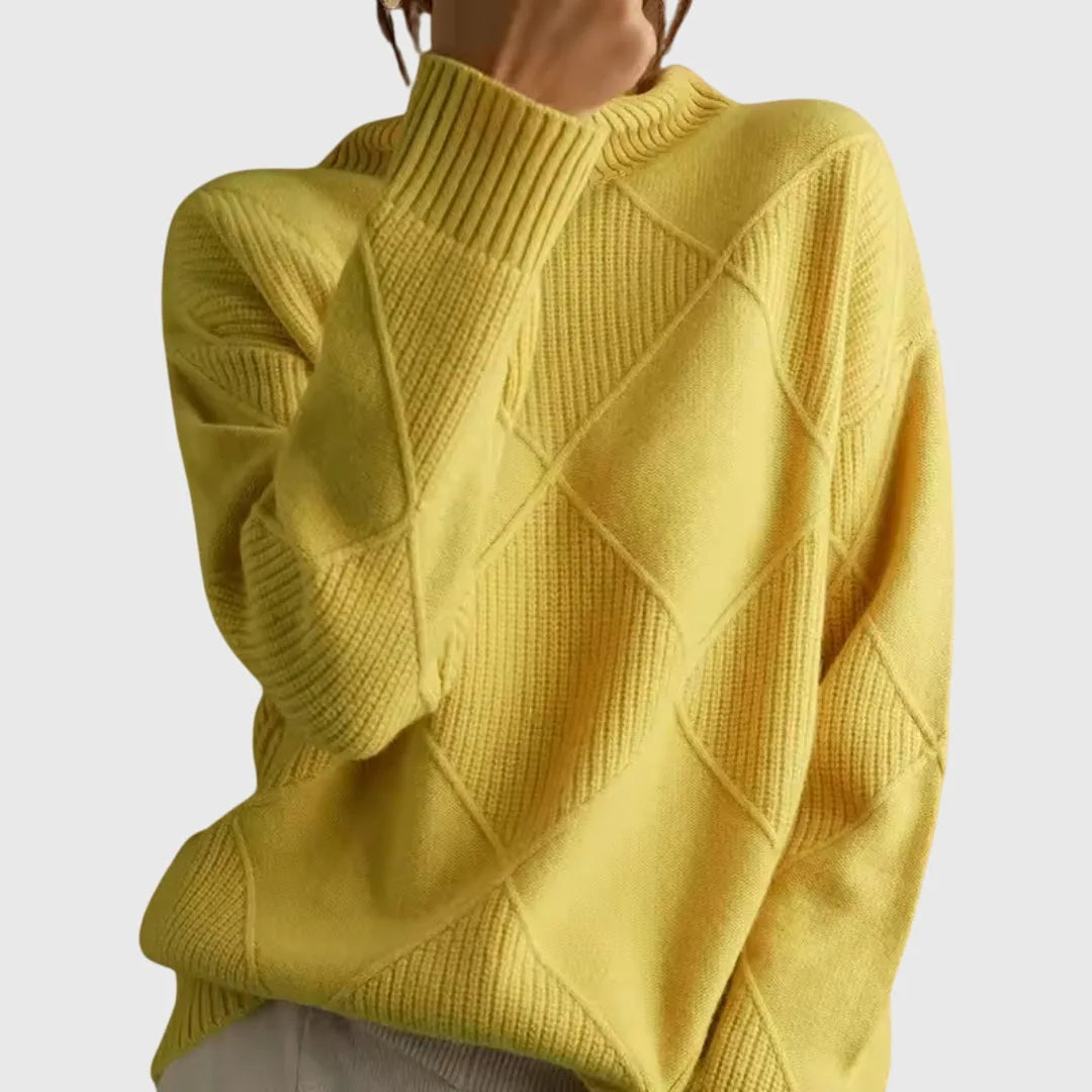 Women's knit winter roll neck sweater with textured diamond
