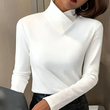 Women's knit stand collar winter sweater with asymmetric v-neck