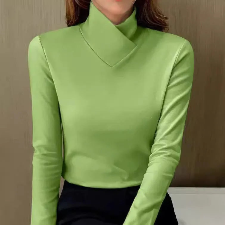 Women's knit stand collar winter sweater with asymmetric v-neck
