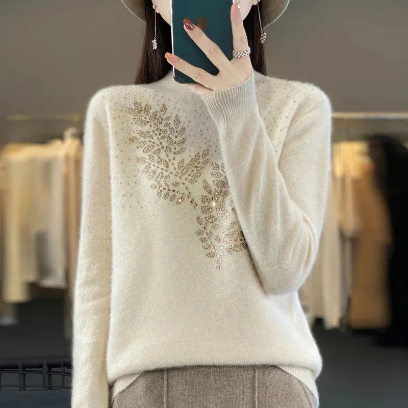 Women's knit stand collar winter sweater with rhinestone leaf embellishment