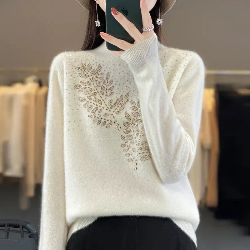 Women's knit stand collar winter sweater with rhinestone leaf embellishment